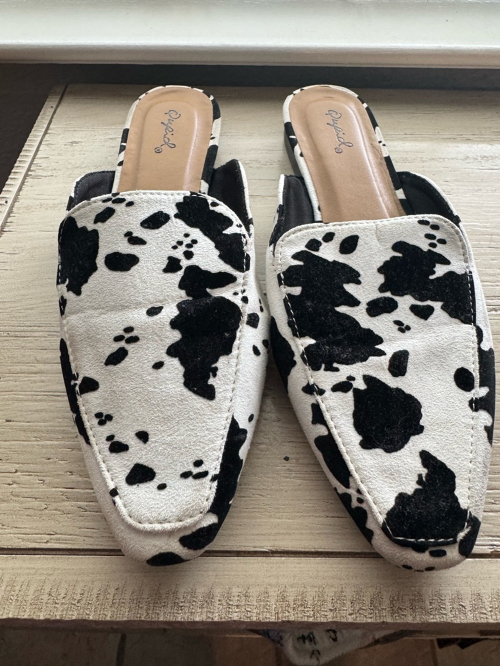 Qupid Black and White Cow Print Slide Mules